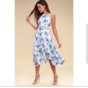 NEW Lulus Zaharia Blue & White Floral Print Midi Dress